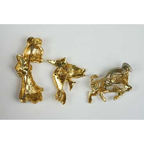 179A - Ten Costume Jewellery Brooches, eight being Gold Tone including Sea Horse, Aries, Crab, Fish, Deer, ... 