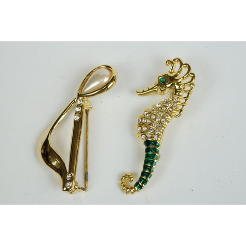 179A - Ten Costume Jewellery Brooches, eight being Gold Tone including Sea Horse, Aries, Crab, Fish, Deer, ... 