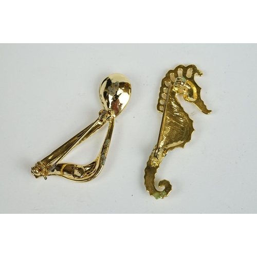 179A - Ten Costume Jewellery Brooches, eight being Gold Tone including Sea Horse, Aries, Crab, Fish, Deer, ... 