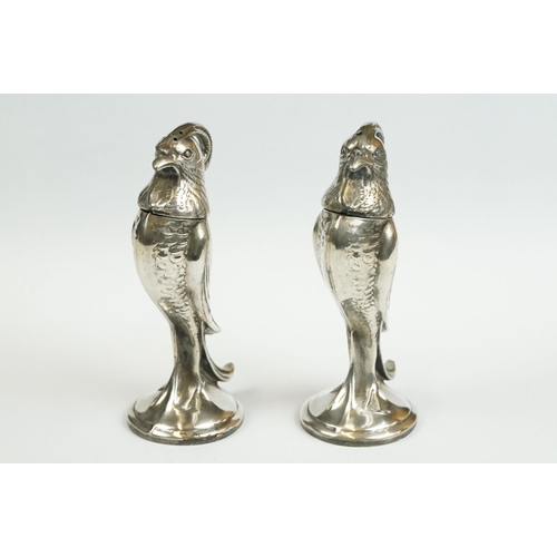 180 - Pair of Silver Plated Salt and Pepper Cruets in the form of Exotic Birds, with screw off heads, 11cm... 