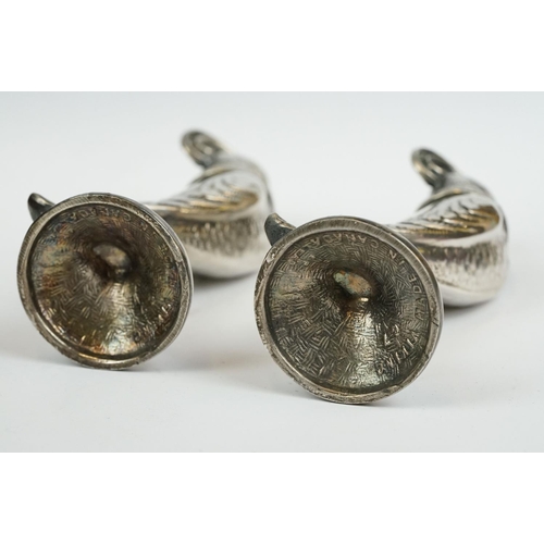 180 - Pair of Silver Plated Salt and Pepper Cruets in the form of Exotic Birds, with screw off heads, 11cm... 