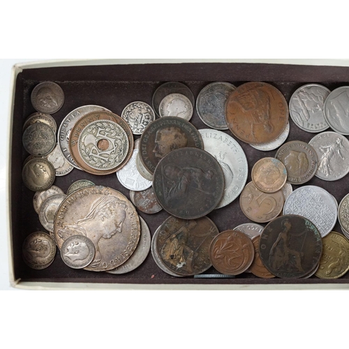 187 - A small collection of mainly British pre decimal coins together with some foreign examples, include ... 