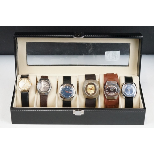 189 - Watch display case containing six vintage gents watches