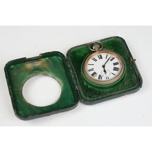 207 - An early 20th century Goliath pocket watch within a silver fronted case together with two hip flasks... 