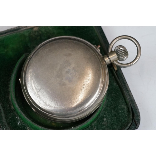 207 - An early 20th century Goliath pocket watch within a silver fronted case together with two hip flasks... 