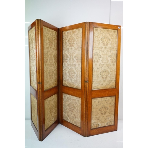 595 - Victorian Oak Four Fold Screen or Room Divider with brocade fabric panels, each panel measures 169cm... 