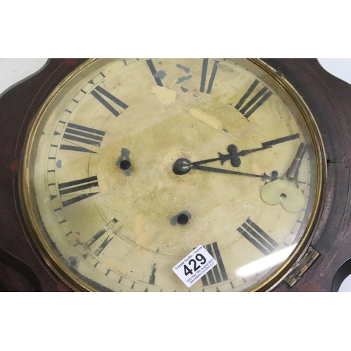 429 - Victorian Rosewood Inlaid Drop Dial Wall Clock,  with 30cm circular dial, measures 80cm in height.