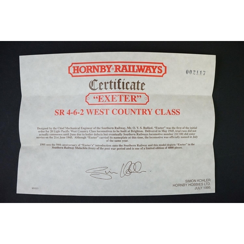 5 - Cased Hornby OO gauge Exeter SR 4-6-2 West Country Class locomotive, with certificate