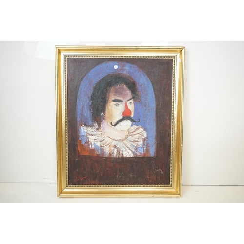 481 - Mid century Large Oil Painting on Canvas of a French Clown with a Red Nose, indistinctly signed to v... 