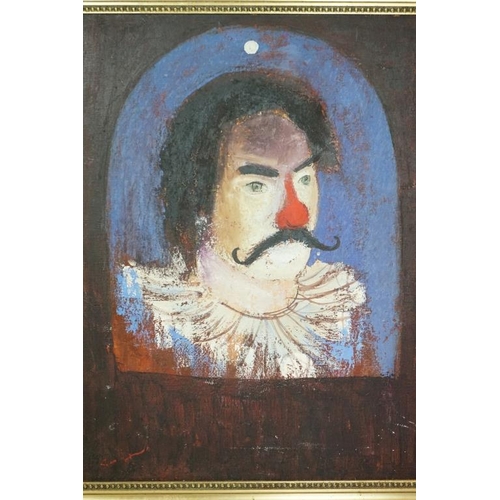 481 - Mid century Large Oil Painting on Canvas of a French Clown with a Red Nose, indistinctly signed to v... 