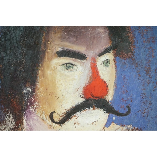 481 - Mid century Large Oil Painting on Canvas of a French Clown with a Red Nose, indistinctly signed to v... 