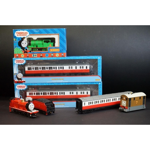 91 - Boxed Hornby OO gauge Thomas & Friends Percy locomotive plus a James locomotive (loose tender), Toby... 