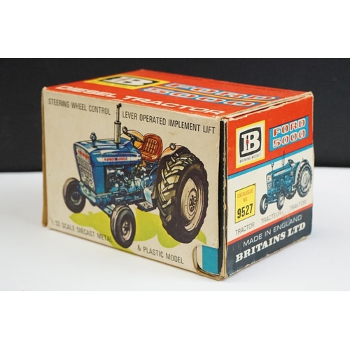 1328 - Boxed Britains 9527 Ford 5000 Tractor diecast model (diecast vg but heavy repair to wheels) plus 2 x... 