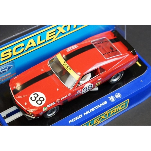 279 - Four cased Scalextric slot cars to include C3670 Ford Cortina GT 1964 Bathurst, C3671 Ford Mustang 2... 