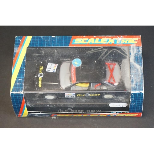 281 - Four cased Scalextric slot cars to include C.2000 Opel Vectra Promarkt, C.2091 BMW Teleshop, C.2006 ... 