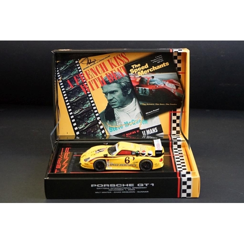 285 - Three boxed slot cars to include Triang C60 D Type Jaguar in green (correct colour spot to box), Fly... 