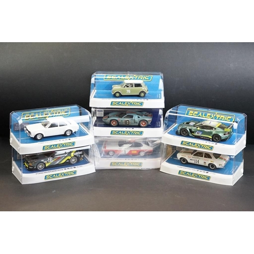 286 - Seven cased Scalextric slot cars to include C4182 Ford Mustang GT4, C4036 Aston Martin Vantage GT3, ... 