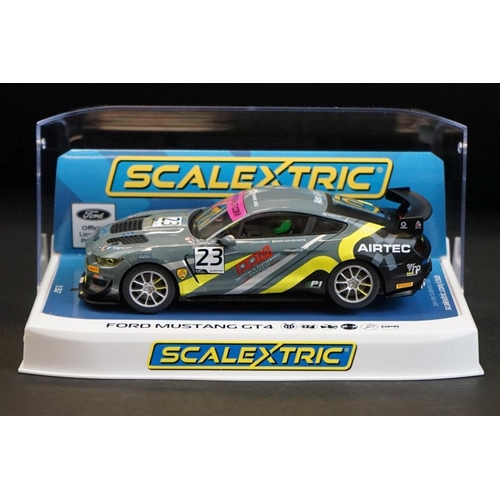 286 - Seven cased Scalextric slot cars to include C4182 Ford Mustang GT4, C4036 Aston Martin Vantage GT3, ... 