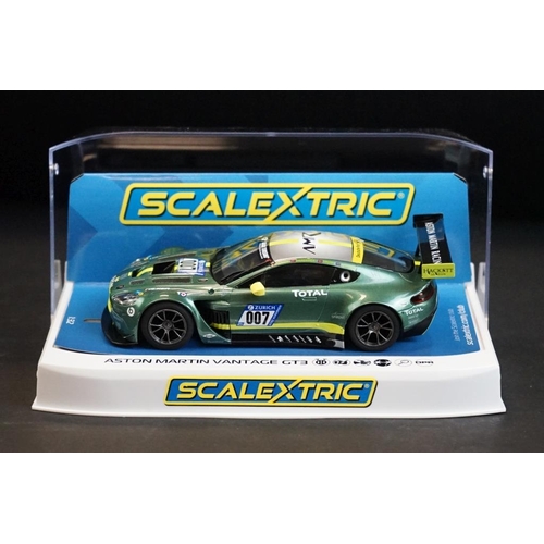 286 - Seven cased Scalextric slot cars to include C4182 Ford Mustang GT4, C4036 Aston Martin Vantage GT3, ... 