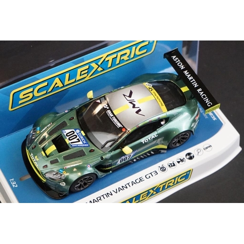 286 - Seven cased Scalextric slot cars to include C4182 Ford Mustang GT4, C4036 Aston Martin Vantage GT3, ... 