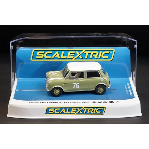 286 - Seven cased Scalextric slot cars to include C4182 Ford Mustang GT4, C4036 Aston Martin Vantage GT3, ... 