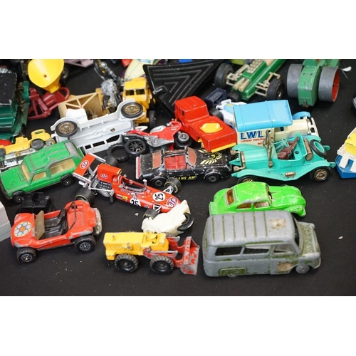 1249 - Around 45 Mid 20th C onwards play worn diecast models to include Corgi, Dinky, Matchbox, etc, featur... 