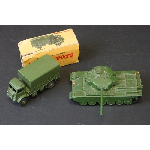 1270 - Around 28 mid 20th C play worn diecast models to include 9 x boxed Dinky military models (643, 673, ... 