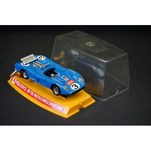 1277 - Three cased Politoys diecast models to include M16 Matra Simca Sport 660, M24 Alfa Romeo 33 Le Mans,... 