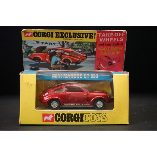 1278 - Three boxed Corgi diecast models to include 2 x Golden Jacks (341 Mini Marcos GT 850 in metallic red... 