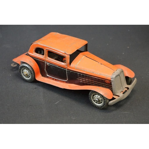 1254 - 10 Early - mid 20th C play worn tin plate models to include Wells o London Transport Bus, Mettoy car... 