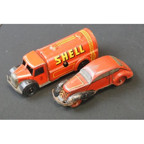 1254 - 10 Early - mid 20th C play worn tin plate models to include Wells o London Transport Bus, Mettoy car... 