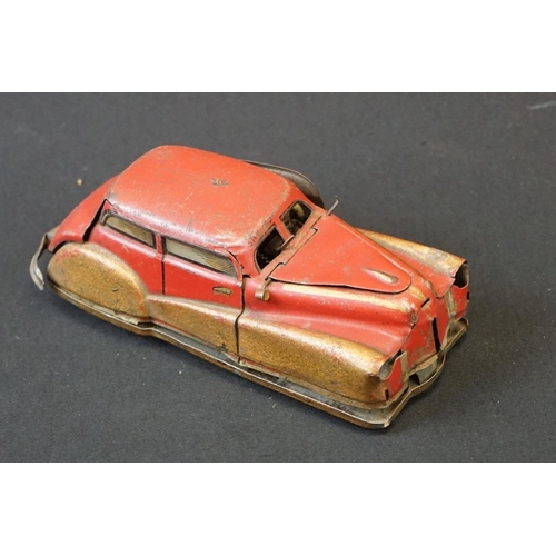 1254 - 10 Early - mid 20th C play worn tin plate models to include Wells o London Transport Bus, Mettoy car... 