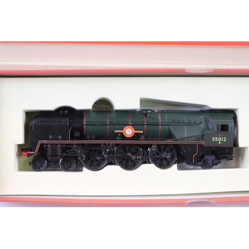 133 - Two boxed Hornby OO gauge 'red drawers' containing Merchant Navy Class US States Lines locomotive an... 