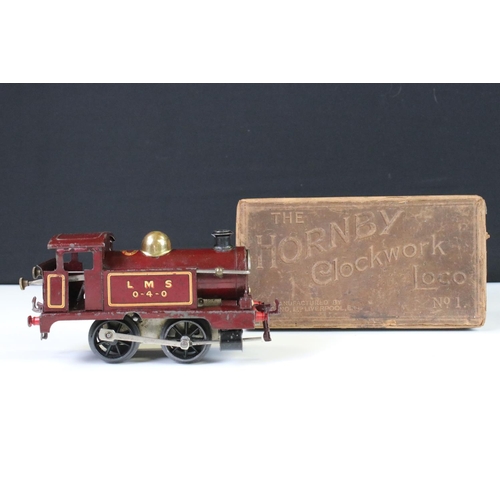 147 - Boxed Hornby O gauge Clockwork Loco No 1, LMS 0-4-0 in maroon, with key, some paint loss, fair box w... 