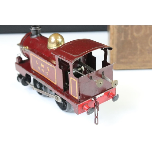 147 - Boxed Hornby O gauge Clockwork Loco No 1, LMS 0-4-0 in maroon, with key, some paint loss, fair box w... 