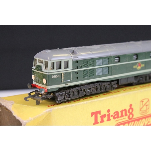 158 - Three boxed Triang TT gauge locomotives to include T96 AIA AIA Diesel Electric Loco green livery, T9... 