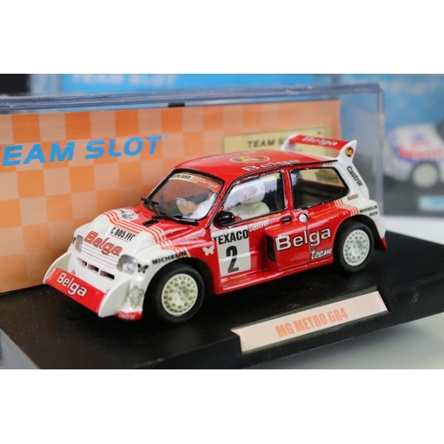 299 - Five cased 'Team Slot' slot cars to include 11001 Peugeot 206 WRC 