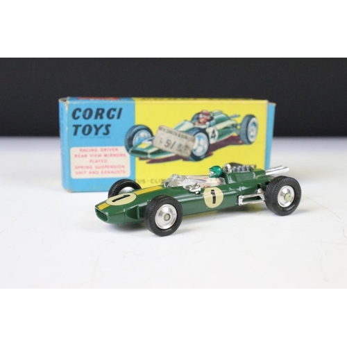 1338 - Three boxed Corgi F1 diecast models to include 154 Ferrari Racing Car, 155 Lotus Climax and 156 Coop... 