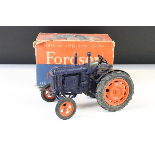 1355 - Boxed Chad Valley Fordson Major Tractor diecast model in blue, play worn with paint loss, tatty box