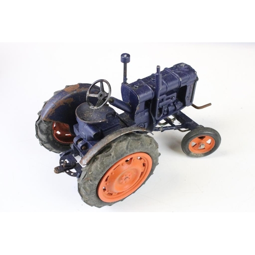 1355 - Boxed Chad Valley Fordson Major Tractor diecast model in blue, play worn with paint loss, tatty box