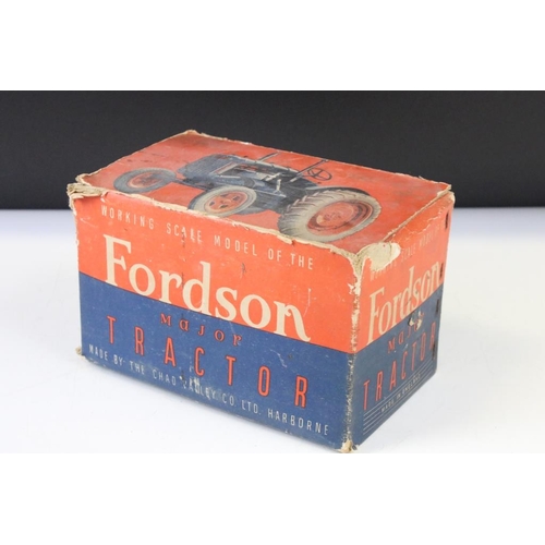 1355 - Boxed Chad Valley Fordson Major Tractor diecast model in blue, play worn with paint loss, tatty box