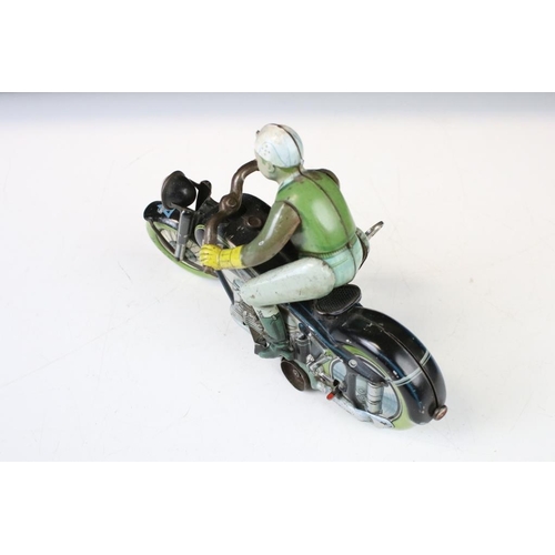 1356 - Arnold Mac 700 tin plate clockwork motorcycle model with Schuco key, paint wear and some discolourin... 