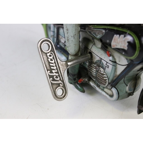 1356 - Arnold Mac 700 tin plate clockwork motorcycle model with Schuco key, paint wear and some discolourin... 