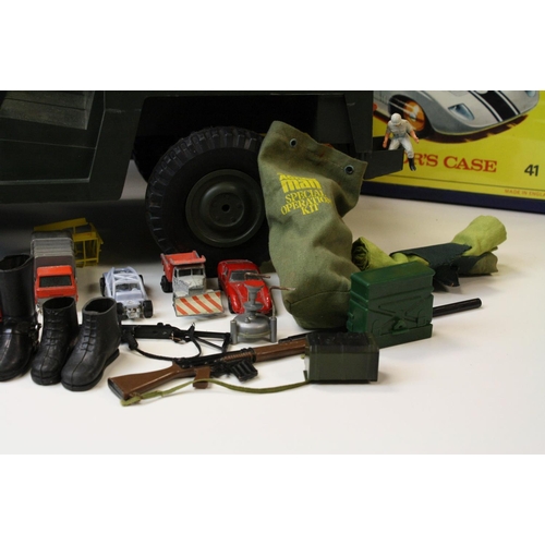 231 - Action Man - Original AM Soldier figure with accessories, weapons and Land Rover plus a Matchbox car... 