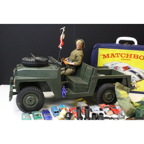 231 - Action Man - Original AM Soldier figure with accessories, weapons and Land Rover plus a Matchbox car... 