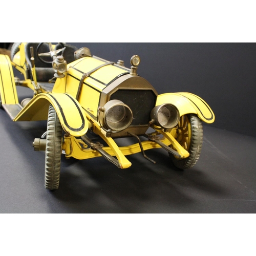 236 - Mid 20th C scratch built metal model of an early 20th century roadster, painted in black & yellow, w... 