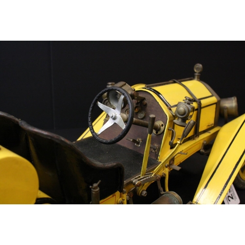 236 - Mid 20th C scratch built metal model of an early 20th century roadster, painted in black & yellow, w... 