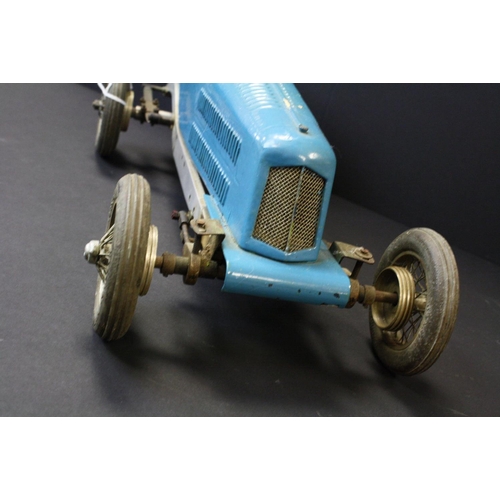 237 - Mid 20th C scratch built metal & wooden model racing car, the body painted in blue with red seat, me... 