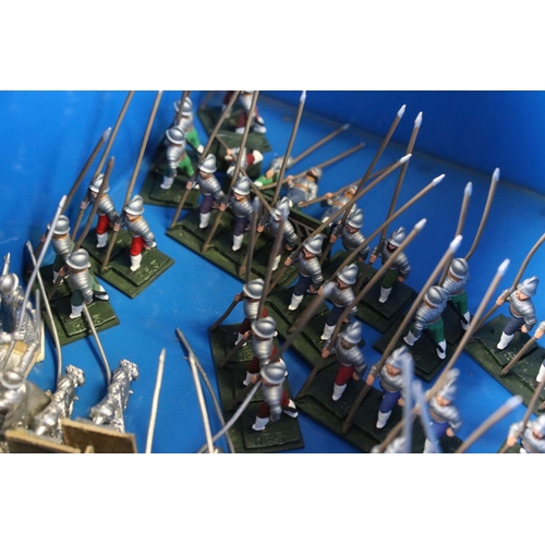 329 - Collection of painted & unpainted miniature metal military figures contained within tool box, painte... 