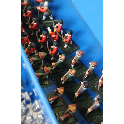 329 - Collection of painted & unpainted miniature metal military figures contained within tool box, painte... 